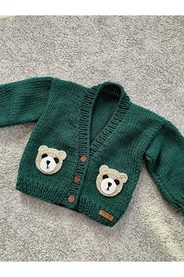 Детский кардиган для мальчиков с принтом Hand knitted cute teddy bear detailed boy's cardigan Nevalin, Green — фото 2