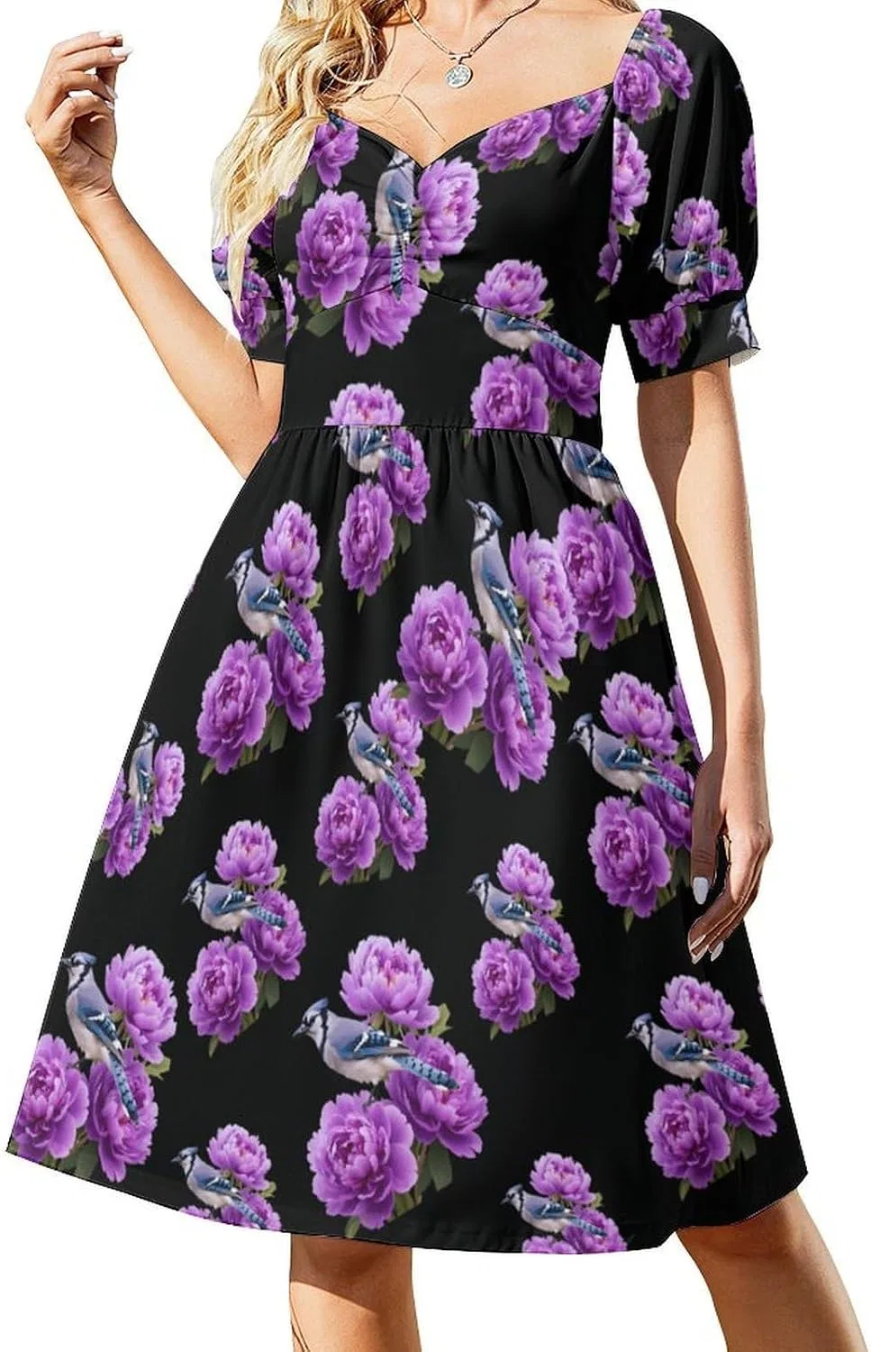 Женское летнее платье-трапеция с цветочным принтом Peony Flower Blue Jay Bird, Style