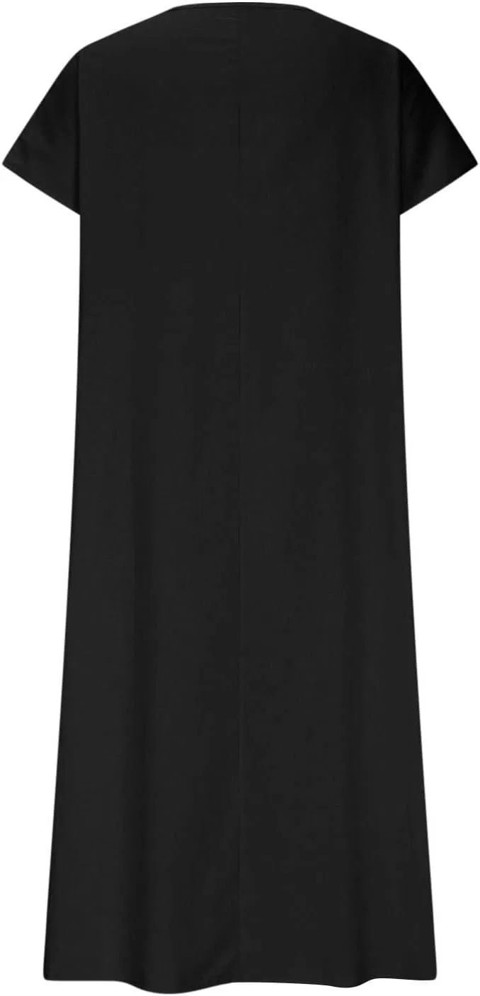 Женское свободное льняное платье V-образным вырезом, Black — фото 3