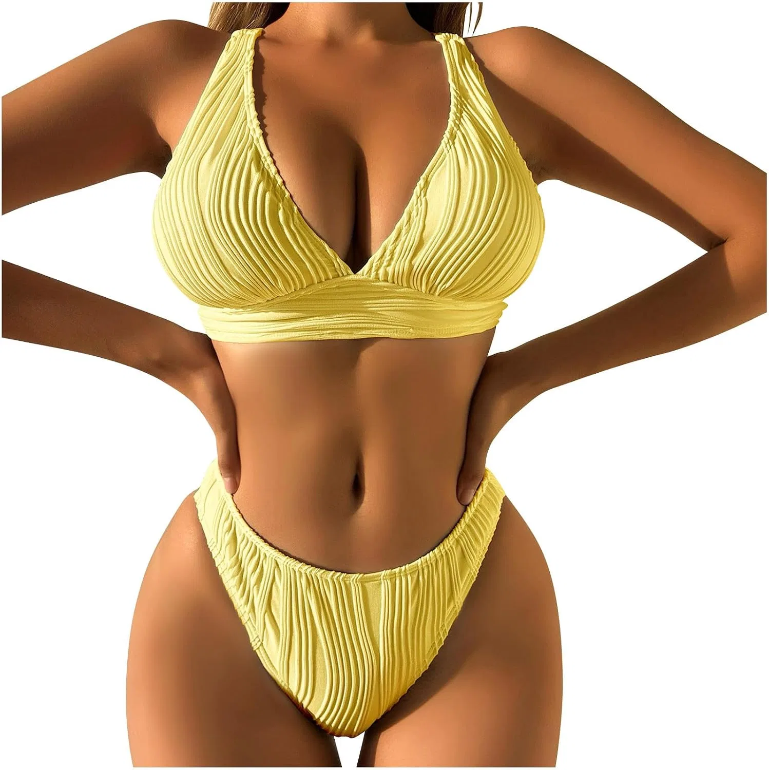 Женский купальник с завышенной талией, бикини, Solid, Yellow