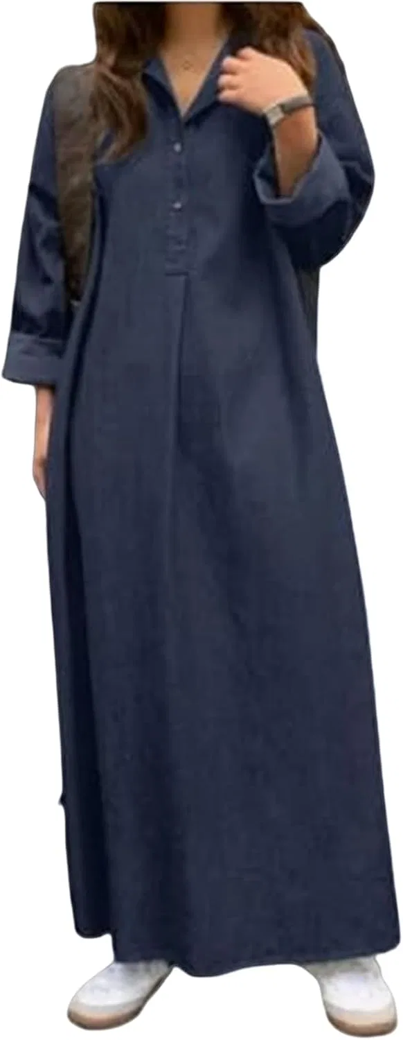 Женское макси-платье с V-образным вырезом Button Down Rolled-Up Sleeve Long Blouse Maxi Dress, Dark Blue