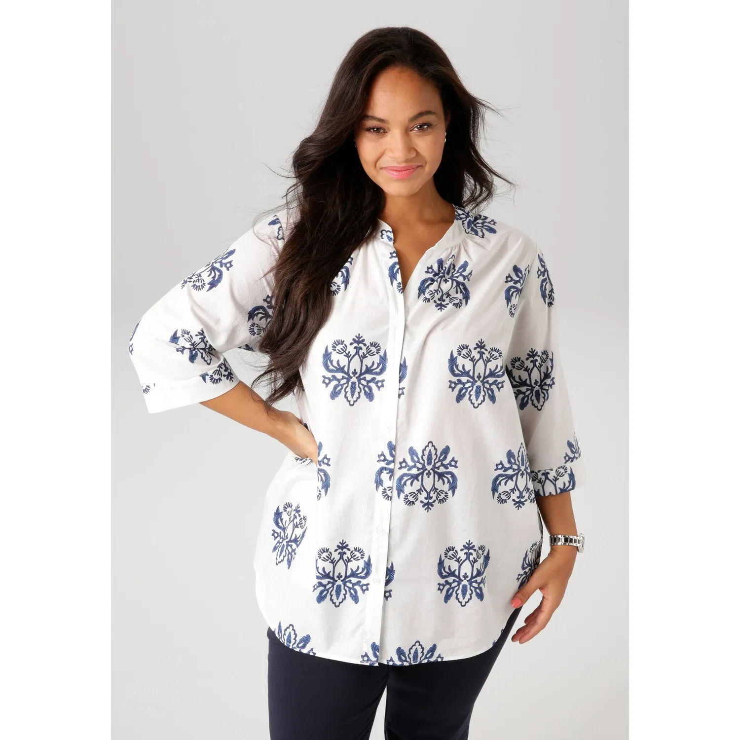 Женская блуза с орнаментом Aniston PLUS, White-Navy-Blue