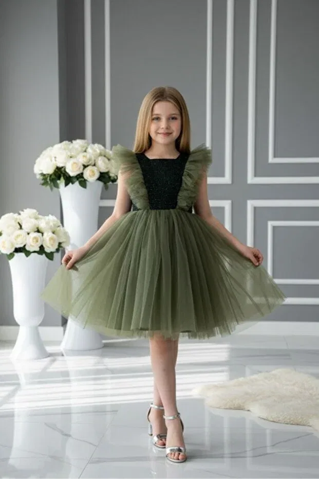 Детское вечернее платье для девочек с пайетками из тюля Abiyekids, Khaki