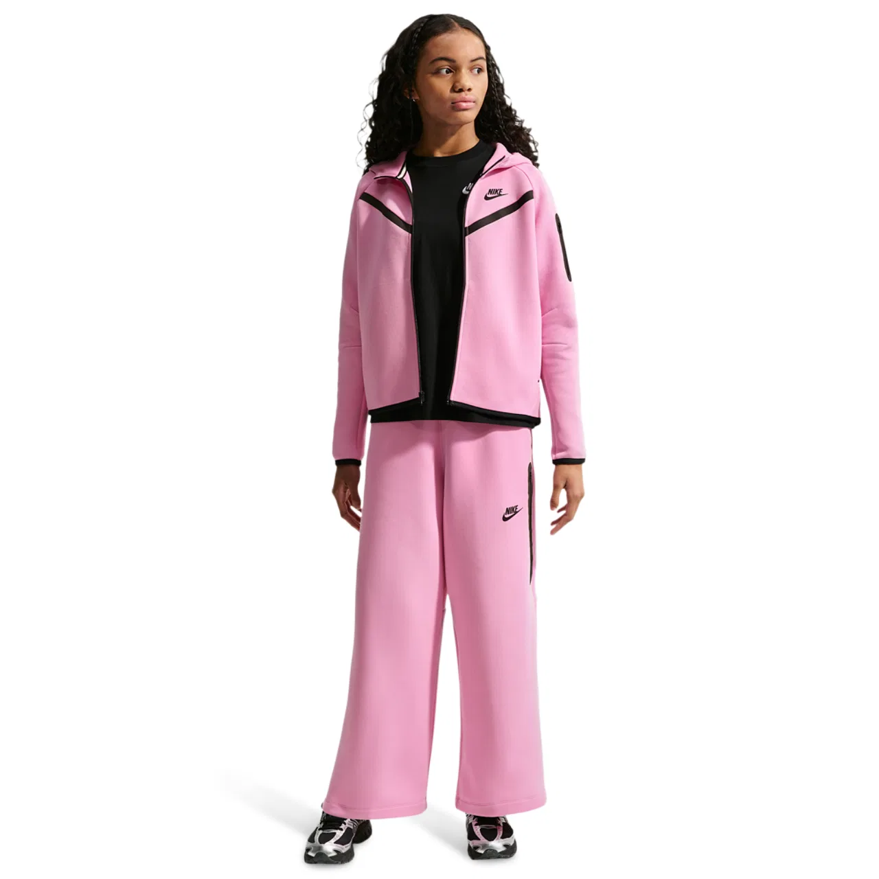 Детские брюки для девочек с широкой штаниной Nike Tech Fleece, Black/Pink Rise — фото 4