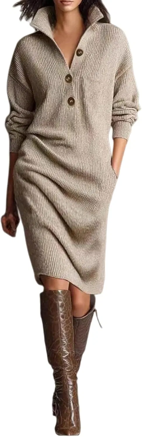 Женское свободное платье-свитер с воротником-стойкой Generic, Khaki