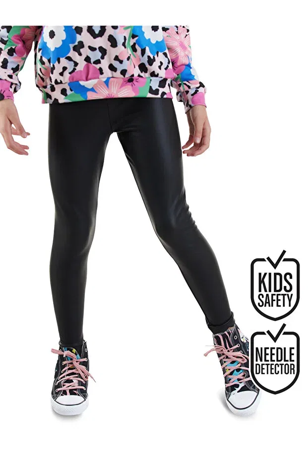 Детские леггинсы для девочек с эффектом кожи Denokids, Black