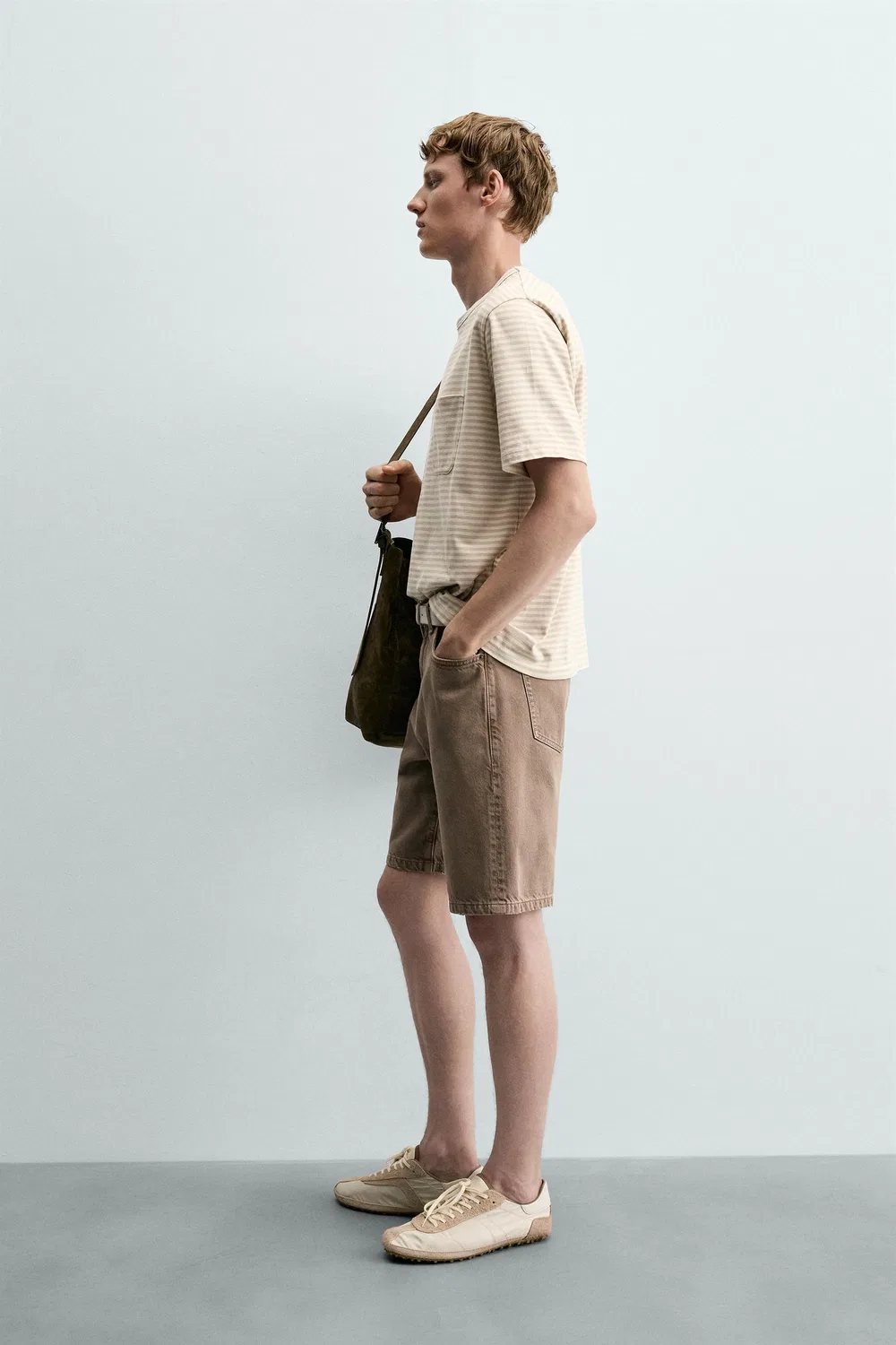 Полосатая жаккардовая футболка с карманом ZARA, Grey/Natural — фото 4