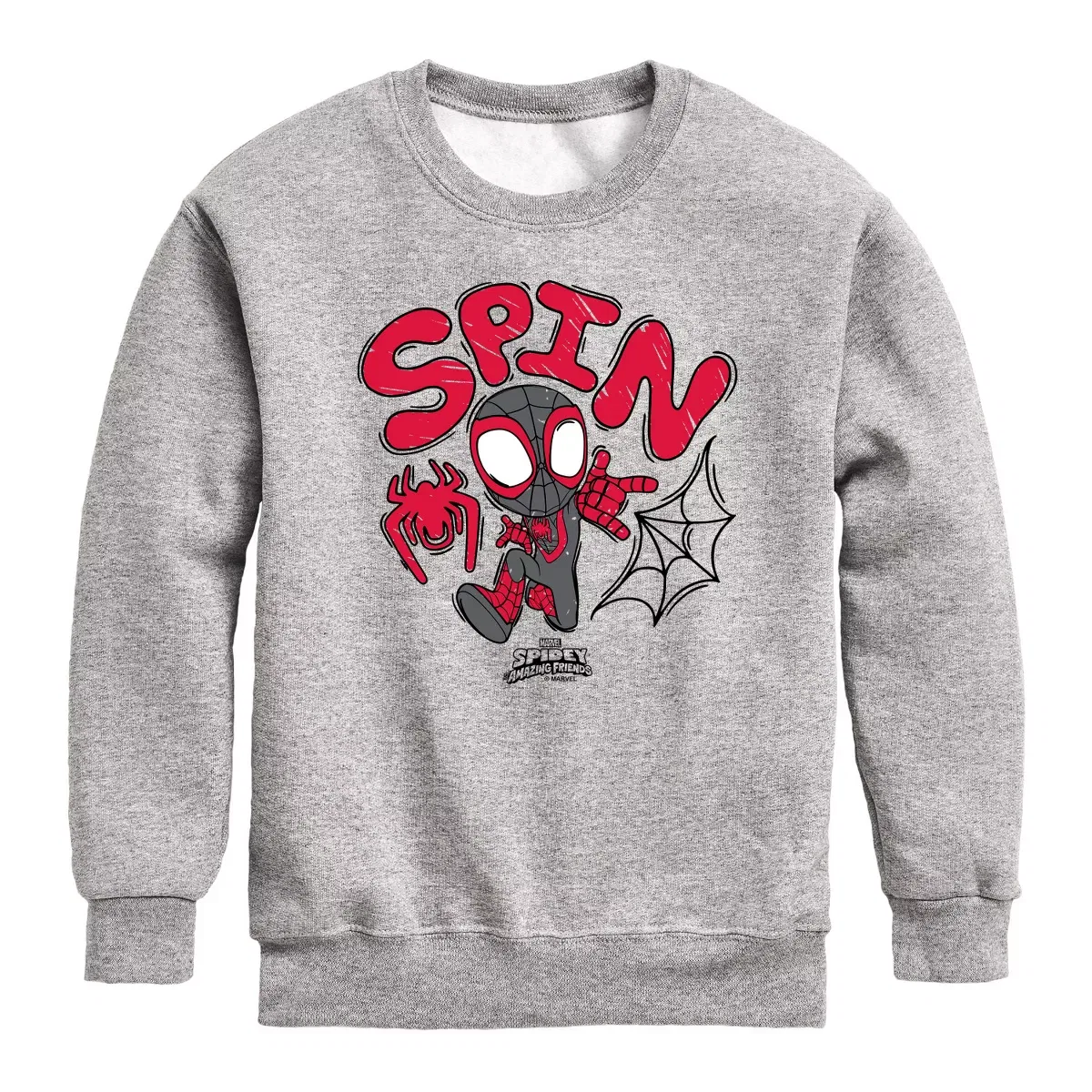 Детский свитшот с принтом Scribble Spin Spider-Man, Цвет Athletic Heather