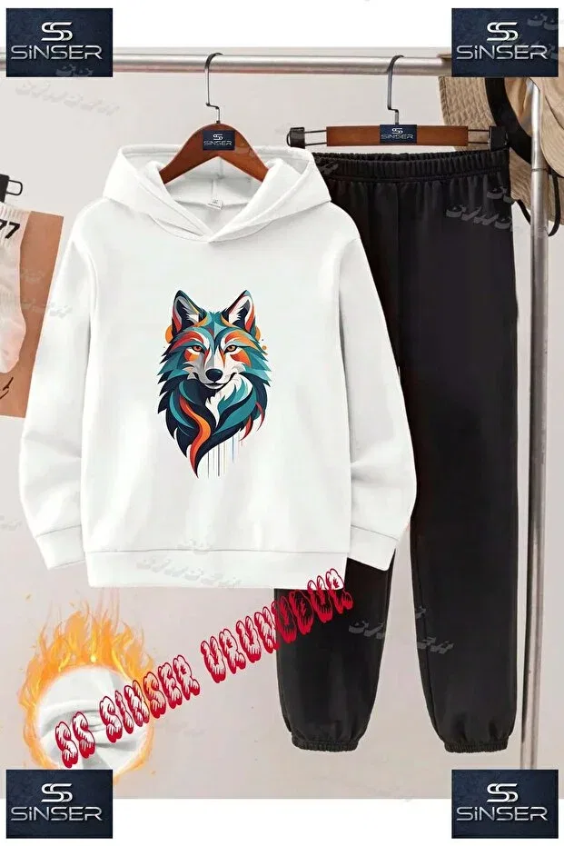 Детский комплект спортивного костюма с принтом Wolf Painted Ss Sinser, White - Black