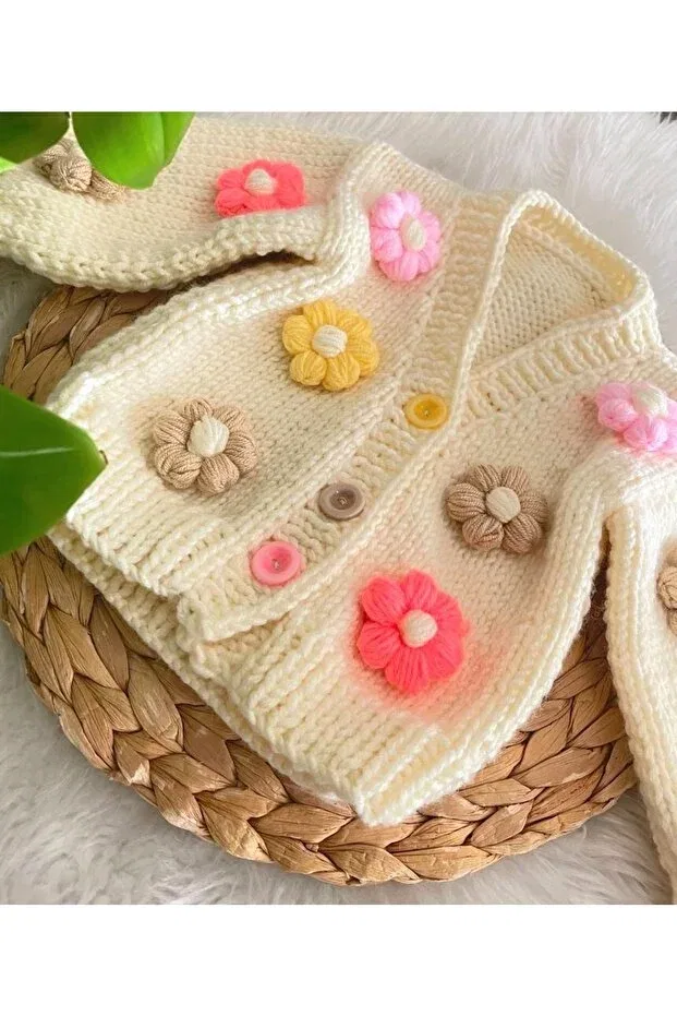 Детский кардиган для девочек с принтом Hand Knitted Crop Cardigan With Daisy Flowers Akif Giyim, Cream