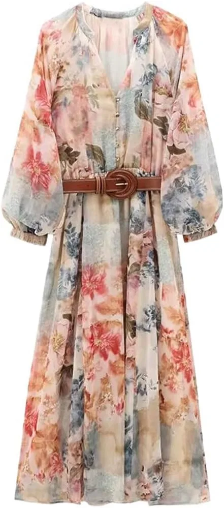 Женское платье A-силуэта с цветочным принтом, Midi, V-образный вырез, Black