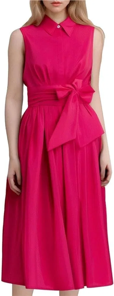 Женское платье-трапеция с поясом-бантом, Summer Lapel Sleeveless Bow Belt A-Line Maxi Dress, розовый — фото 3