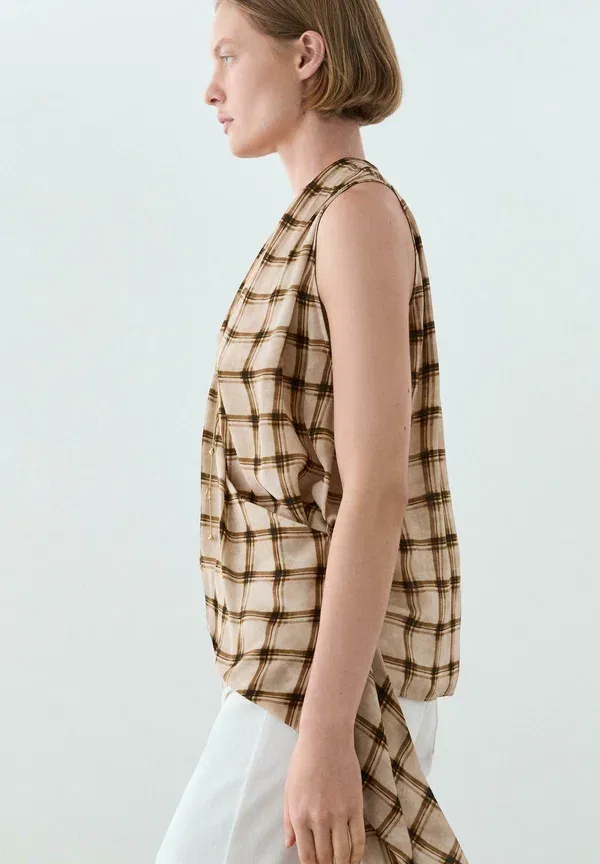 Топ асимметричный Flowing check print wrap Massimo Dutti, brown, коричневый — фото 3