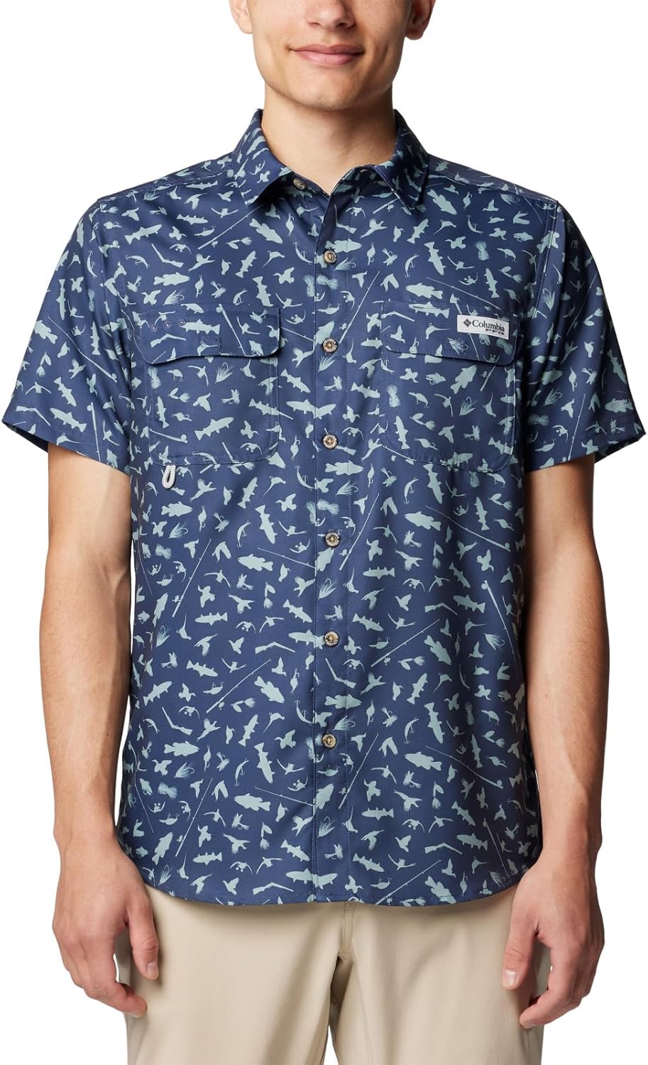 

Рубашка Columbia Mens PFG Uncharted с коротким рукавом и принтом, Nocturnal Cast N Blast