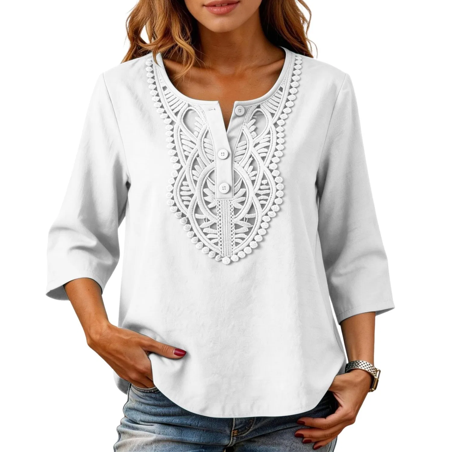 Женская льняная туника с вышивкой Retro 3/4 Sleeve Boho Casual Loose Fit Lightweight Summer Beach Blouse, A-white — фото 2