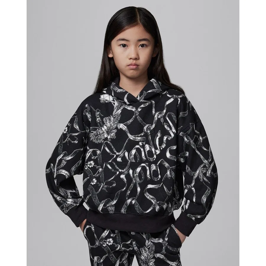 Детский спортивный свитшот с капюшоном для девочек Nike Jordan WJ Brkln Ln Flc Aop Po Hoodie, Черно-белый