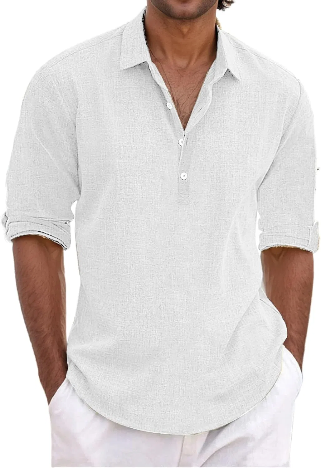 Мужская льняная рубашка-поло с воротником-стойкой Slim Fit, White