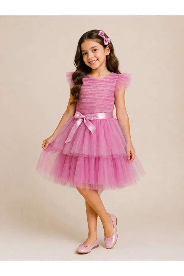 Детское платье для девочек с коротким рукавом Tutu Dress With Bow Detail Tinytrends, Pink — фото 4