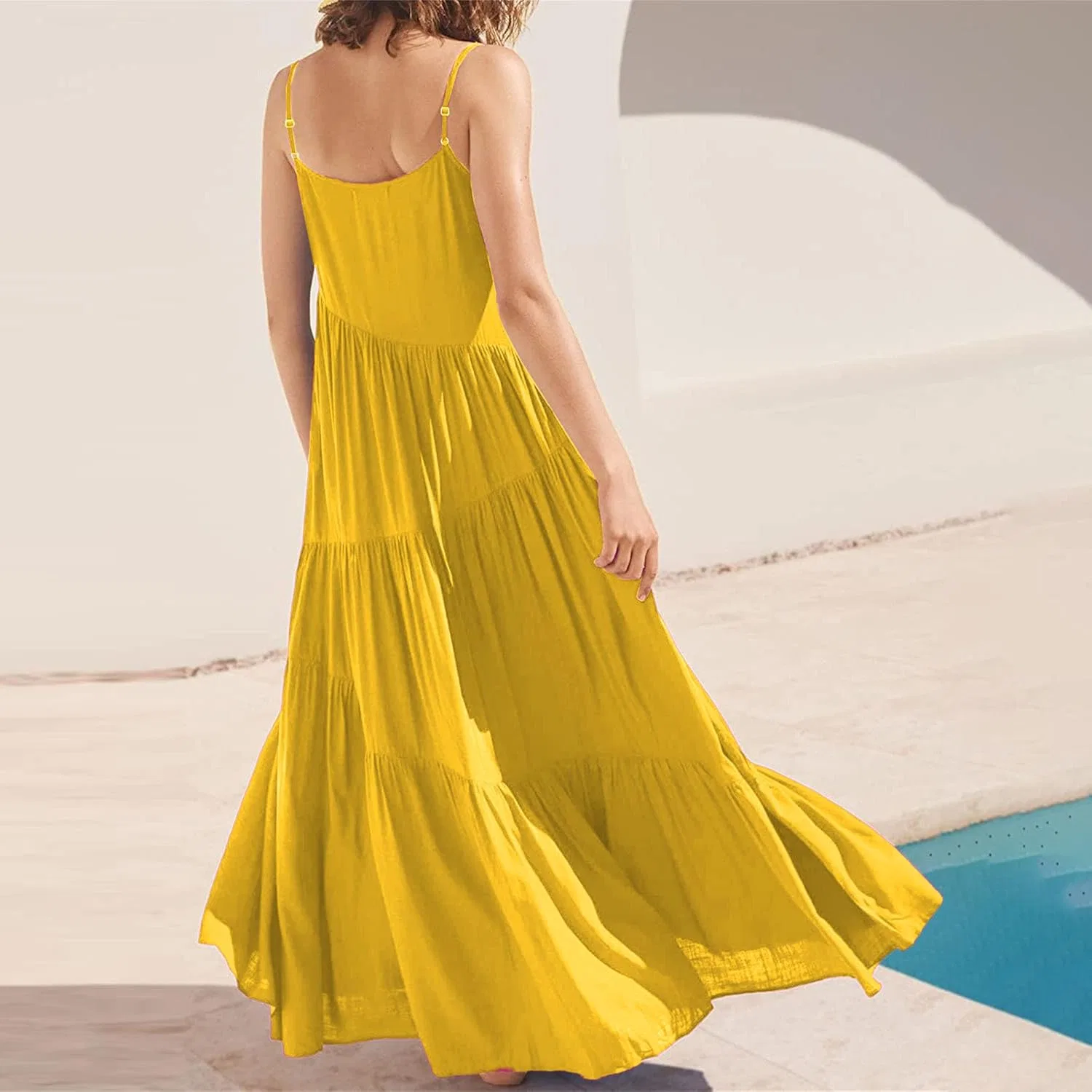 Женское свободное пляжное платье асимметричное с рюшами, Yellow — фото 2