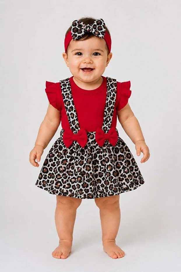 Детское боди-комбинезон для девочек с принтом Leopard Print Bandana Romper Dress Set Dinamik Çocuk, Burgundy