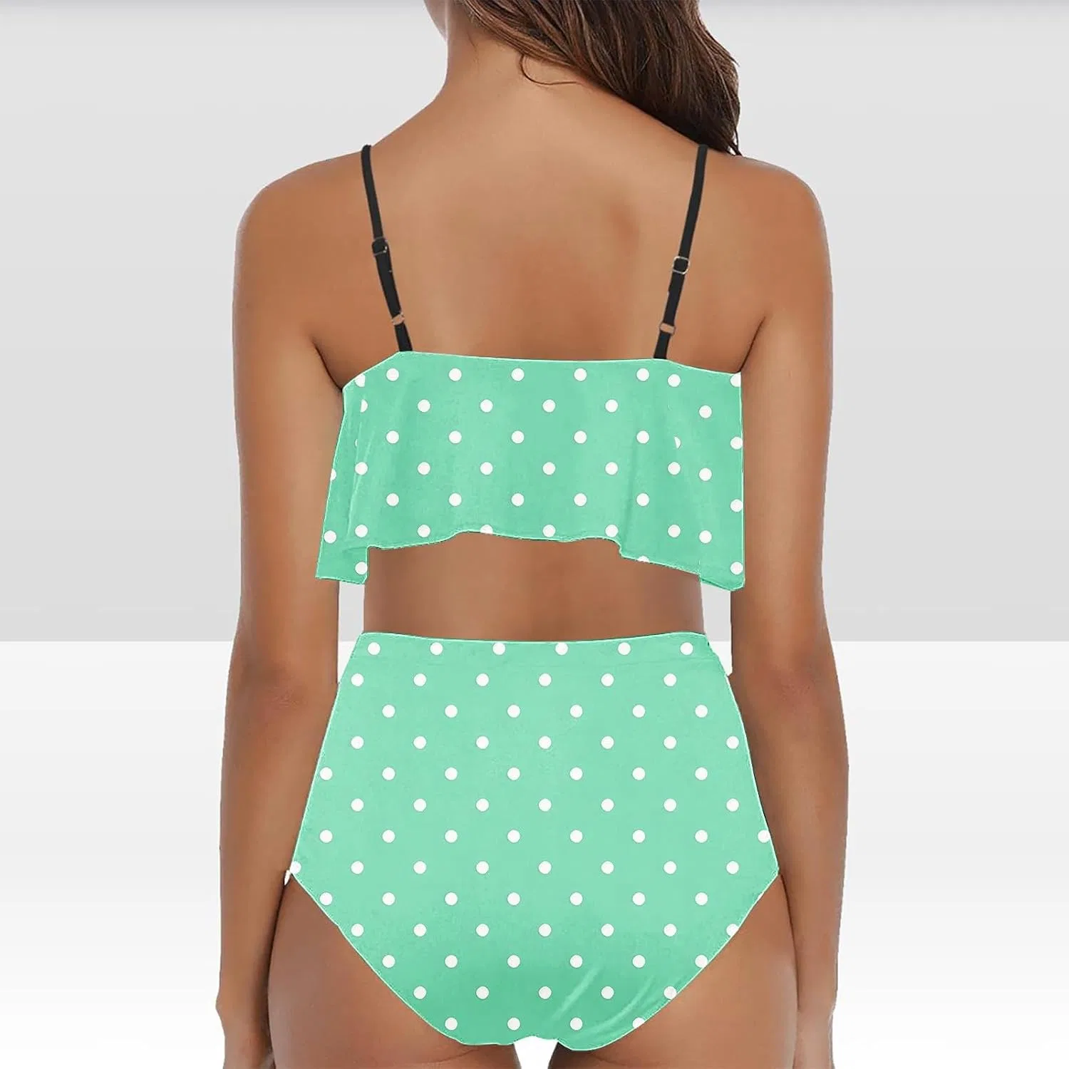 Женский бикини-комплект с рюшами и высокой талией, Polka Dot, Green — фото 3