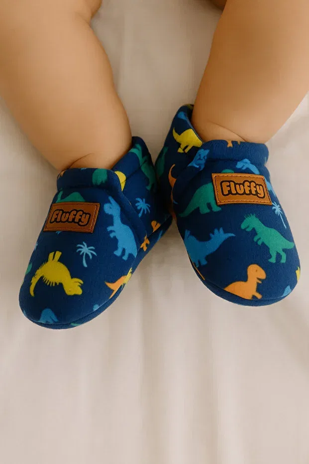 Детские домашние тапочки с принтом Fluffy, Dinosaur Patterned Blue