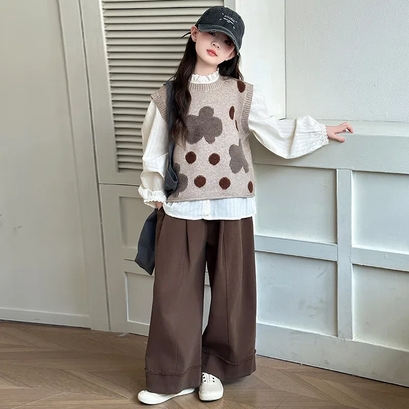 Детский комплект из жилета, рубашки и широких брюк Dot Vest+Shirt+Wide Leg Pants PLANDOO — фото 4