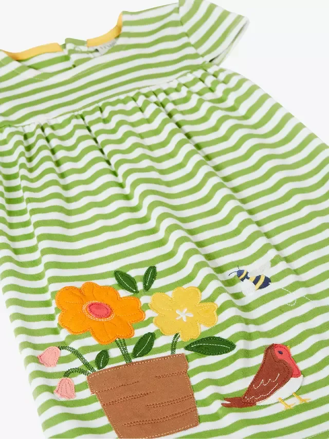 Детское полосатое платье Little Layla с аппликацией, салатовый/садовый цвет Frugi — фото 2