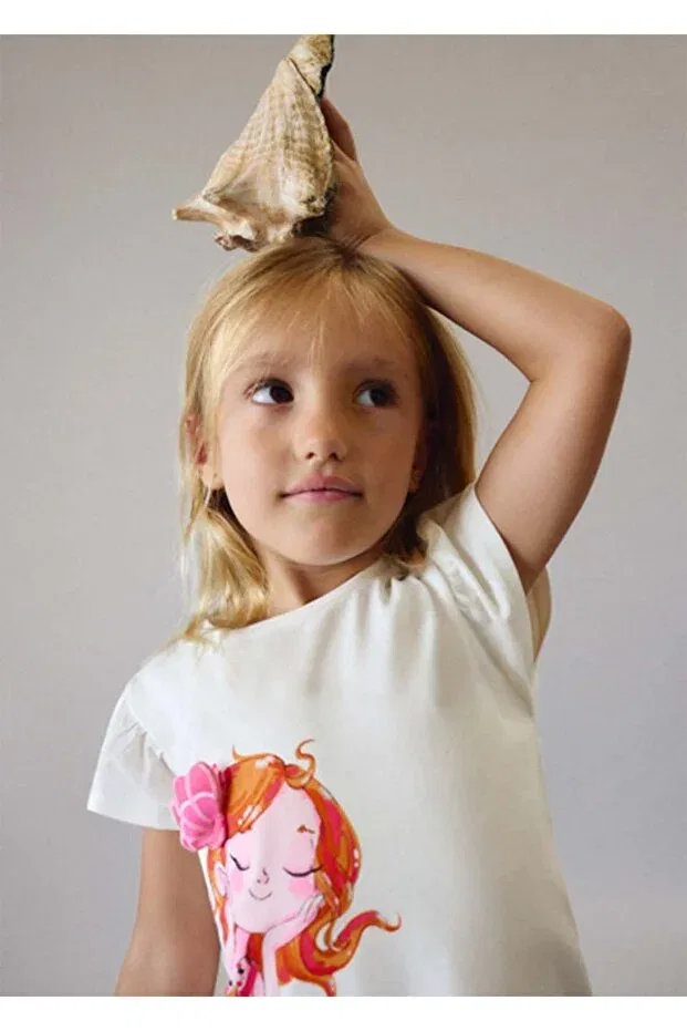 Детская футболка для девочек с принтом Summer girl's printed t-shirt Mayoral, Ecru