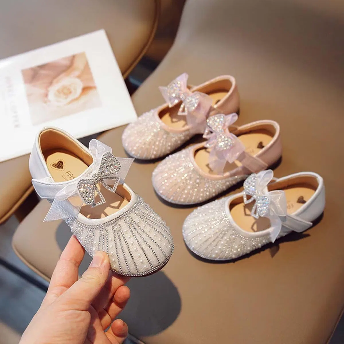 Детские балетки для девочек с блестками и жемчугом Sparkly Princess Ballet Flats IvoireCh, Silver — фото 4