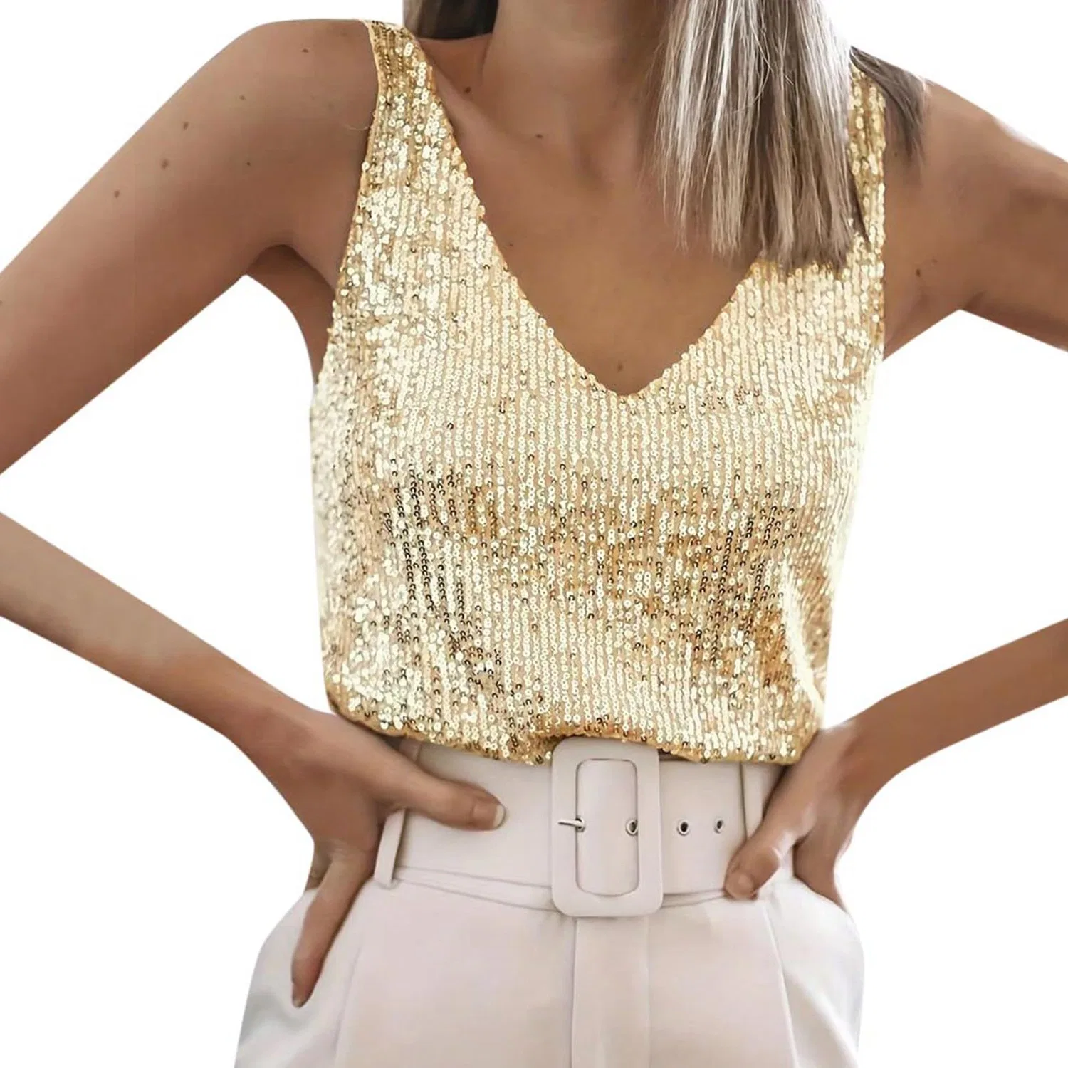 Женский топ с блестками и V-образным вырезом, Yellow