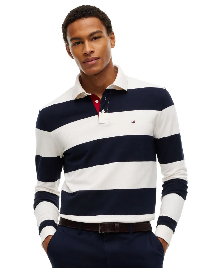 Поло с длинным рукавом, полосатый принт Rugby Stripe Tommy Hilfiger, Ivory Petal/Navy Blue