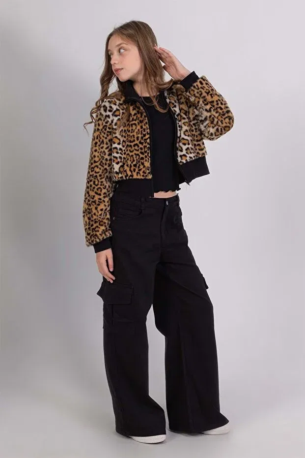Детский кардиган для девочек с принтом Leopard print stand collar zipper closure girl's cropped cardigan Wakawakakidsstore, Black — фото 3