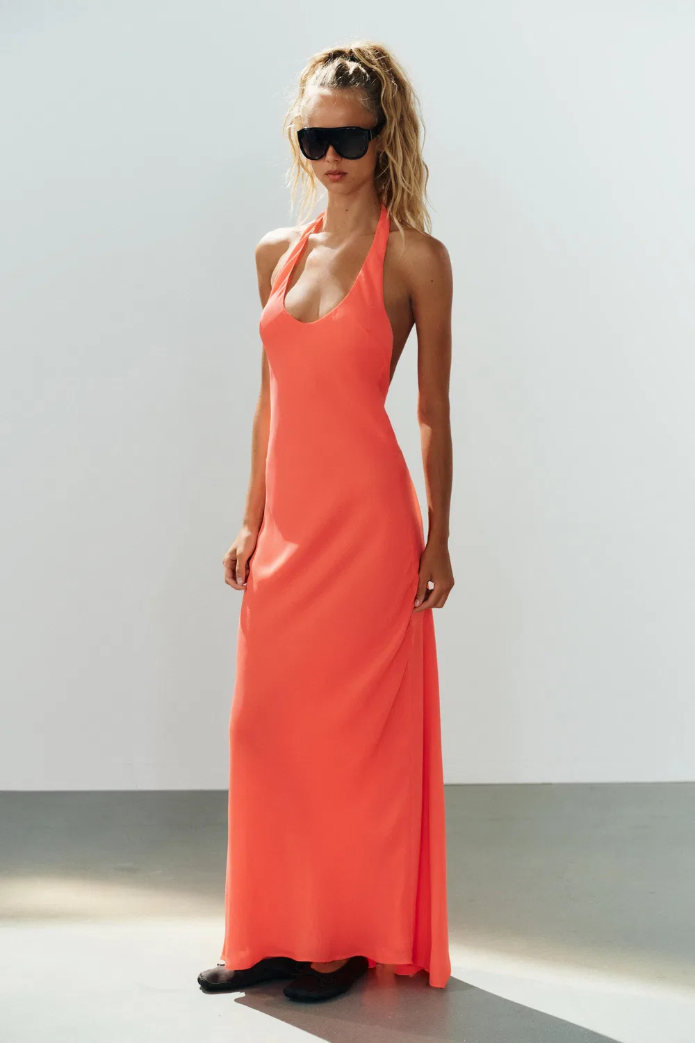 Длинное платье с завязками на халерее ZARA, Neon orange