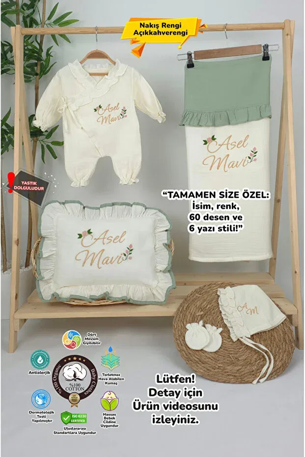 Детский комплект для выписки из роддома органический хлопковый Muslin newborn 4-layer organic 100% cotton personalized embroidered hospital discharge set (rose model-5) Gros Shop, Ekru-1