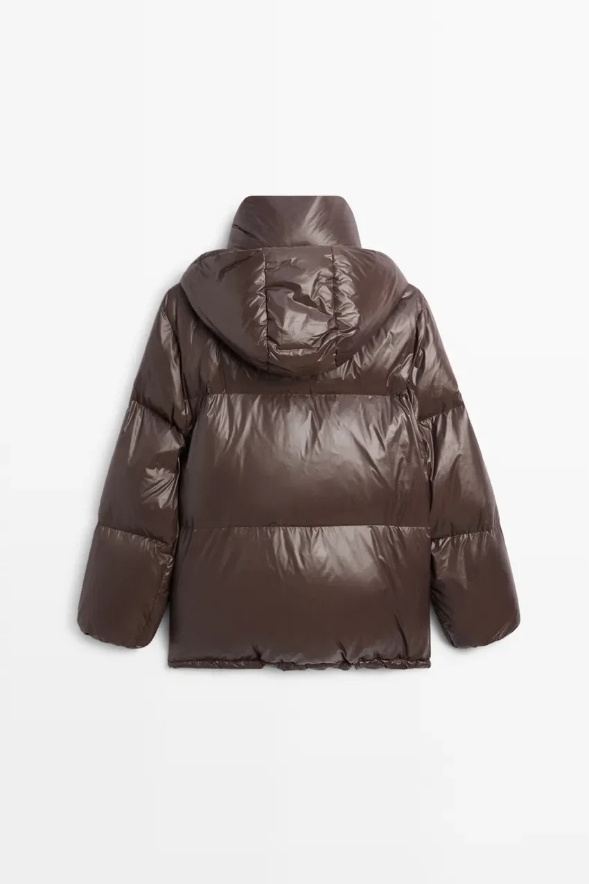Пуховик Massimo Dutti Stand-up Collar Down, коричневый — фото 3