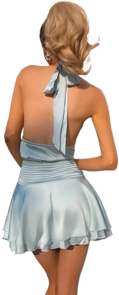 Женское сатиновое мини-платье A-line bodycon с открытой спиной, Blue — фото 3