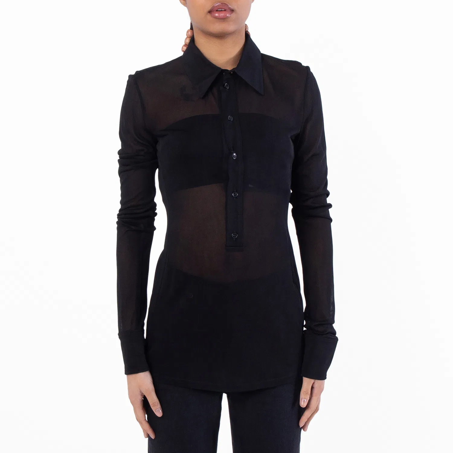Блуза полупрозрачная с острым воротником и длинным рукавом Saint Laurent, Black
