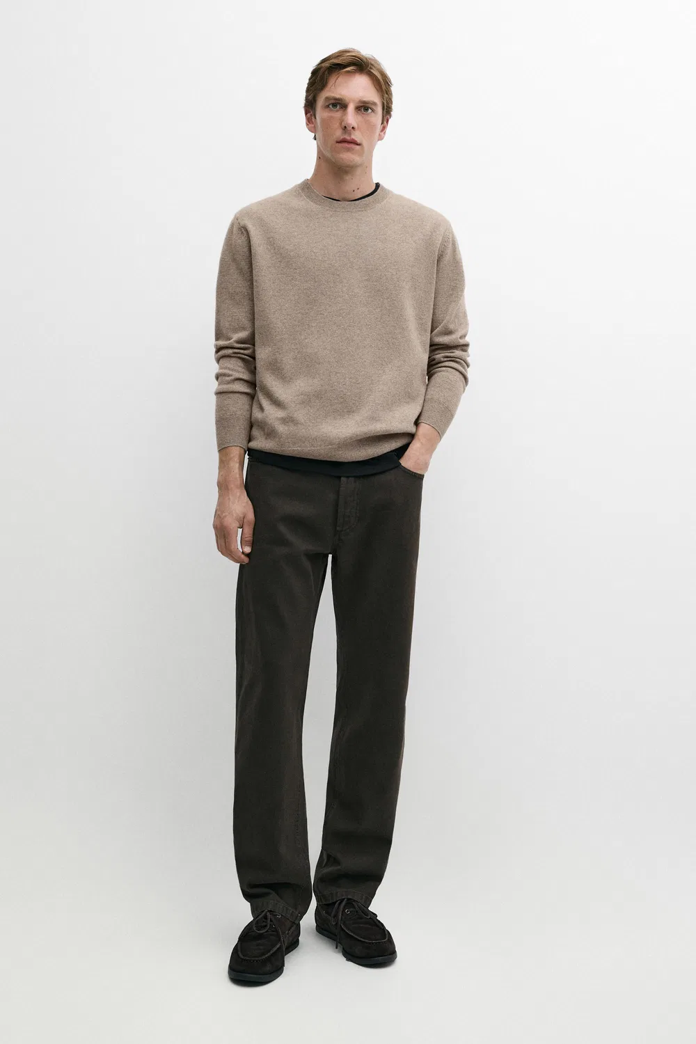 Свитер Massimo Dutti Wool Blend Round Neck Knit, бежево-серый — фото 3