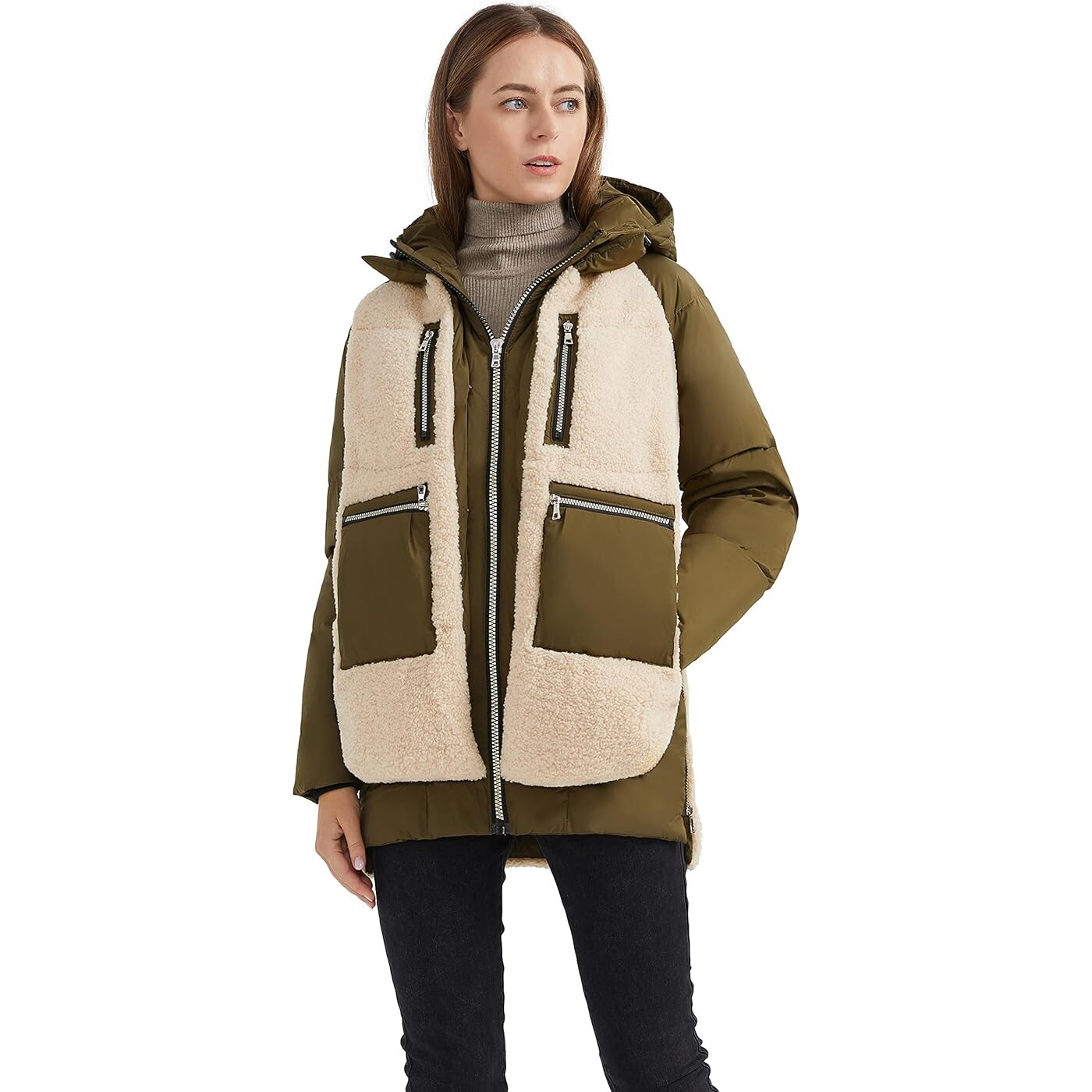 

Пуховик Orolay Women's Short Hooded Stand Collar Winter, хаки/бежевый