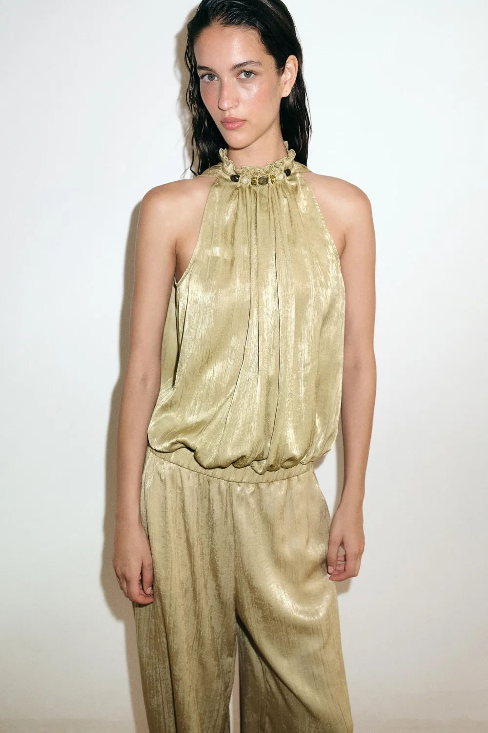 Топ с бисером на шее ZARA, Olive green — фото 2