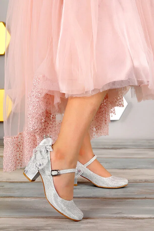 Детские балетки для девочек с коротким каблуком Kiko Kids, Silver — фото 3