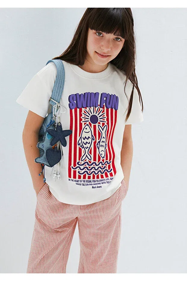 Детская футболка для девочек с принтом Swim Fun Printed Mavi, Ecru — фото 2