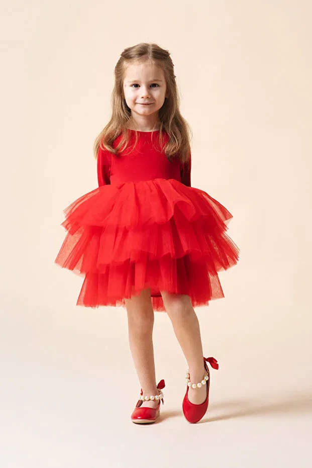 Детское платье-пачка с длинным рукавом Violet ballerina dress tulle tutu dress Banamio, Red — фото 2