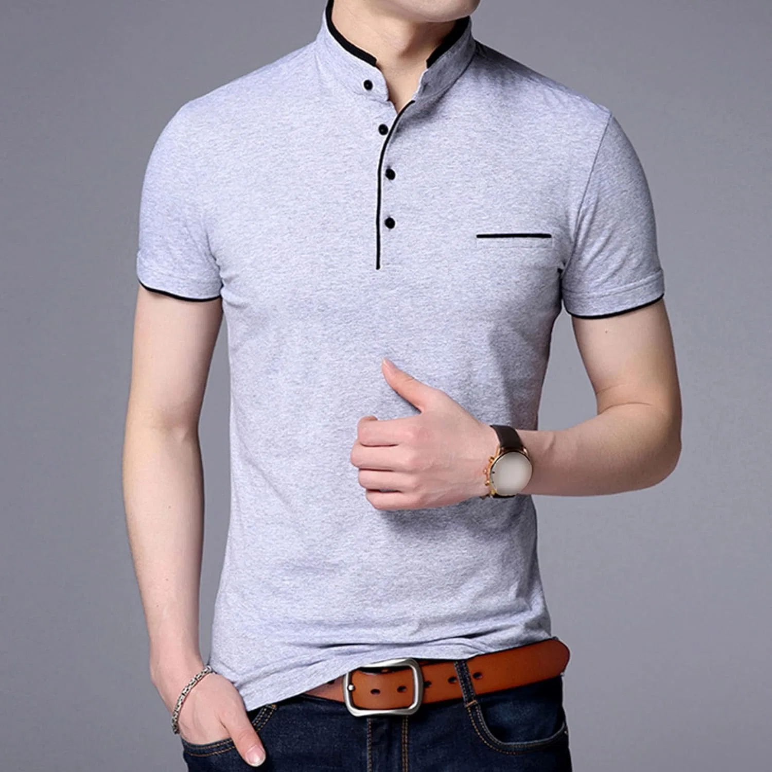 Мужская футболка классическая без воротника Slim Fit, Grey — фото 2