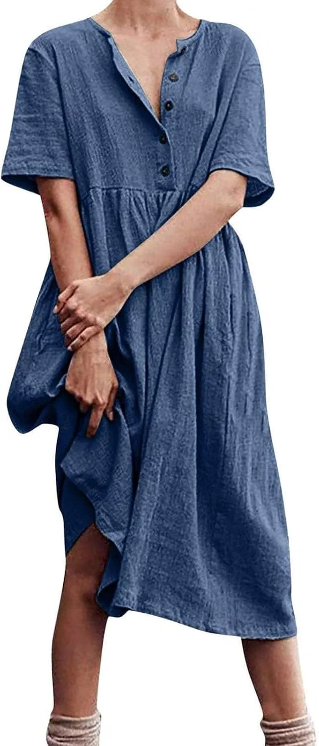 Женское повседневное платье на пуговицах с коротким рукавом, Dark Blue