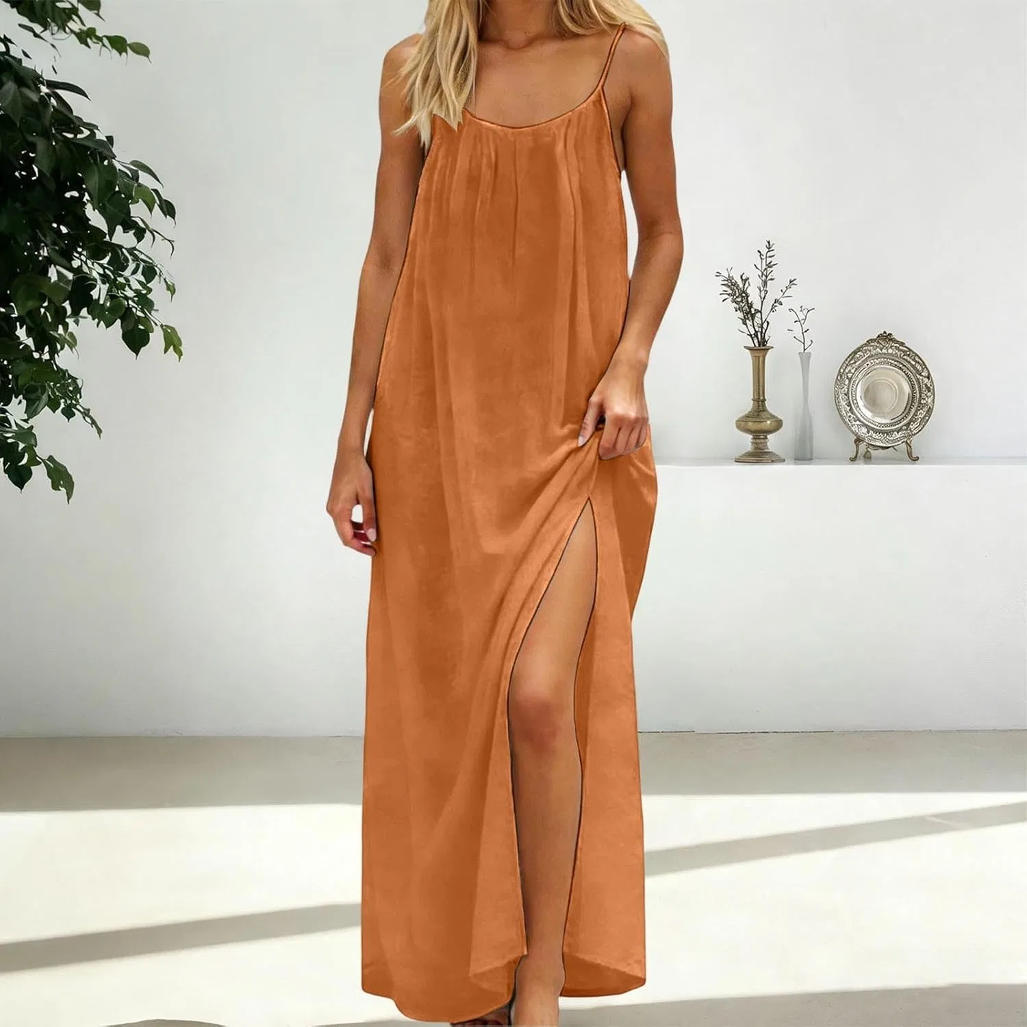 Женское летнее платье-комбинация без спины, Orange — фото 3
