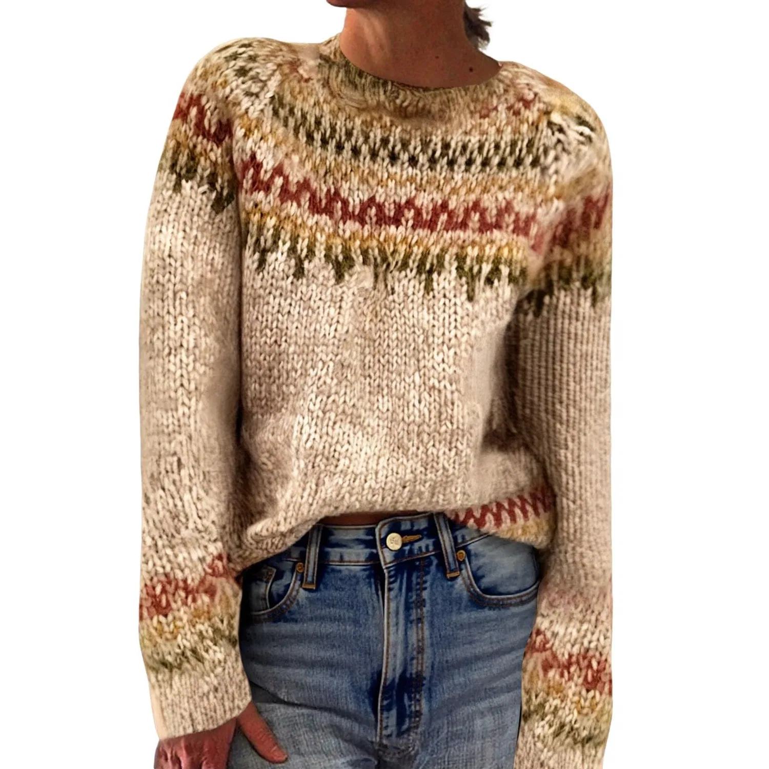 Женский свитер с принтом Fairisle, Khaki-1