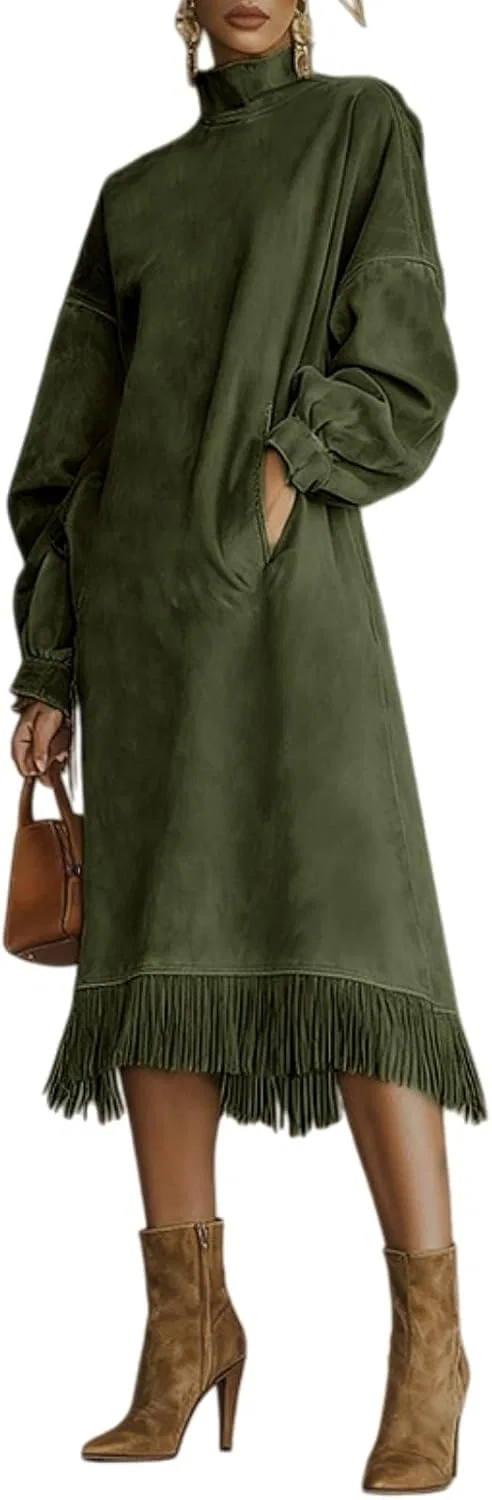 Женское мини-платье с бахромой из искусственной замши Turtleneck, Green