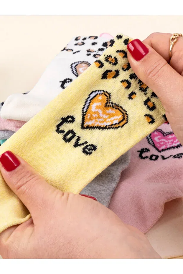 Детские носки для девочек с принтом 5 пар Heart & Leopard Patterned Baby Socks & Kids Socks Special Girls Socket Series Hobins Sportswear & Company, Pink — фото 4